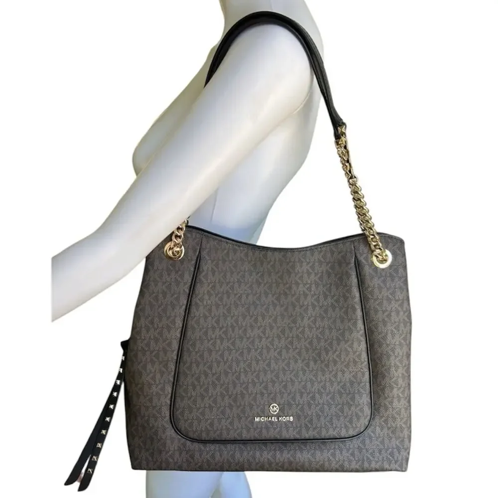 Michael Kors Jet Set Large Chain Tote Brown MK Monogram PVC Leather Trim Bag EUC